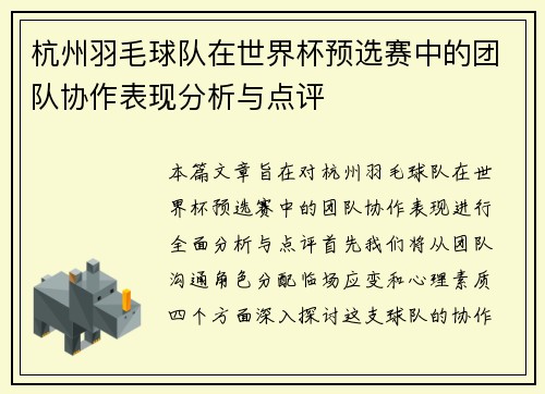 杭州羽毛球队在世界杯预选赛中的团队协作表现分析与点评
